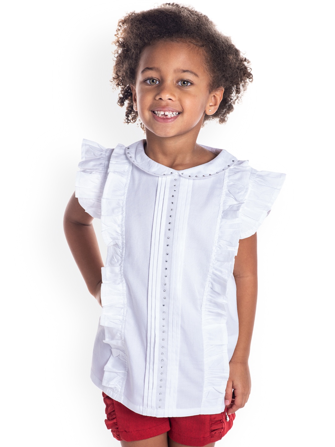 

Cherry Crumble Girls White Solid Shirt Style Cotton Top