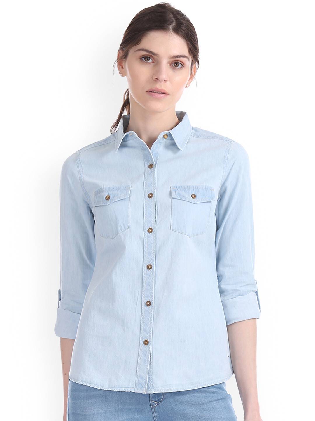 Flying Machine Women Blue Regular Fit Solid Roll-Up Sleeves Casual Shirt