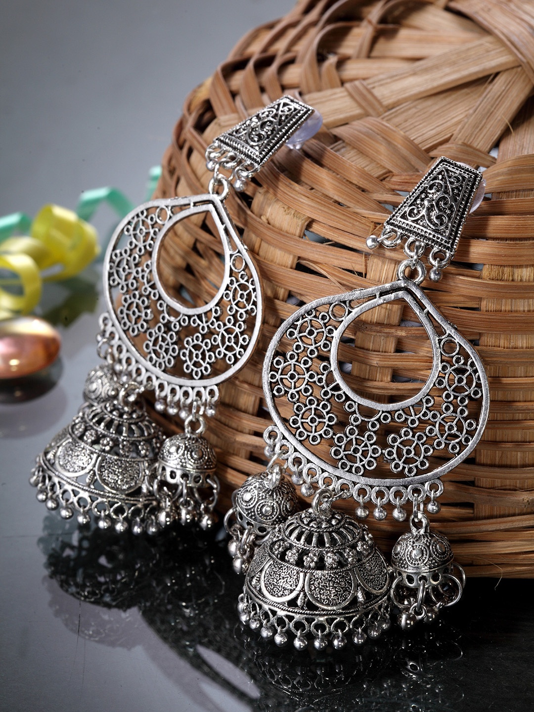

Moedbuille Silver-Plated Teardrop Shaped Jhumkas