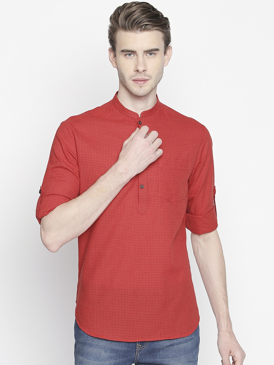 

indus route by Pantaloons Men Red Checked Straight Kurta
