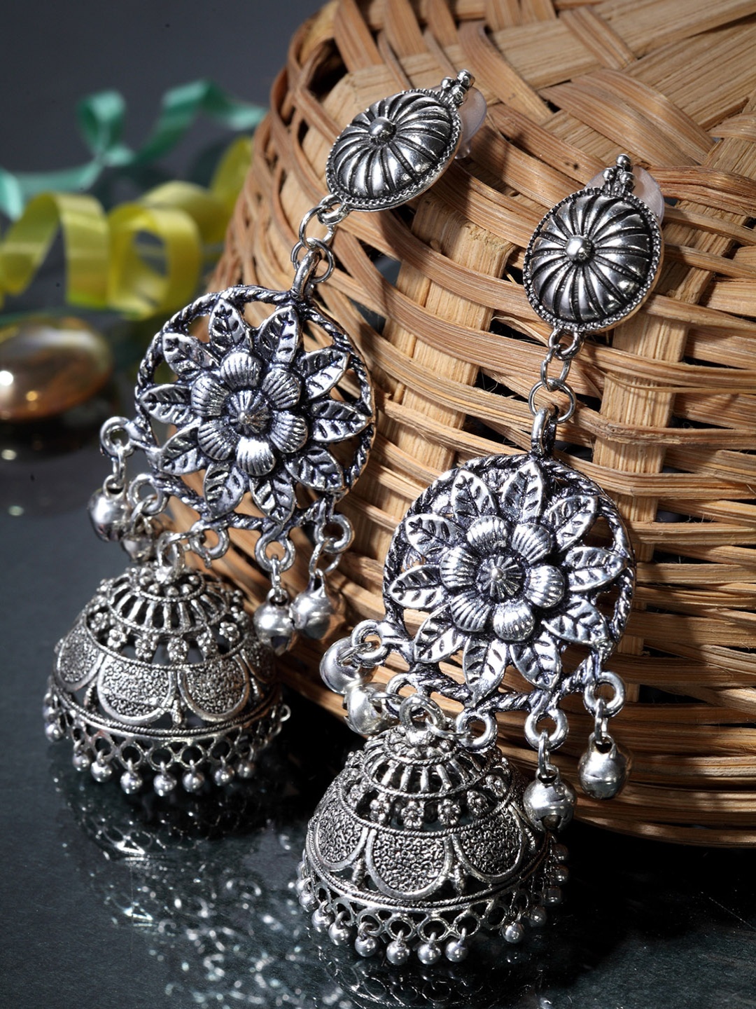 

Moedbuille Silver-Plated Floral Jhumkas