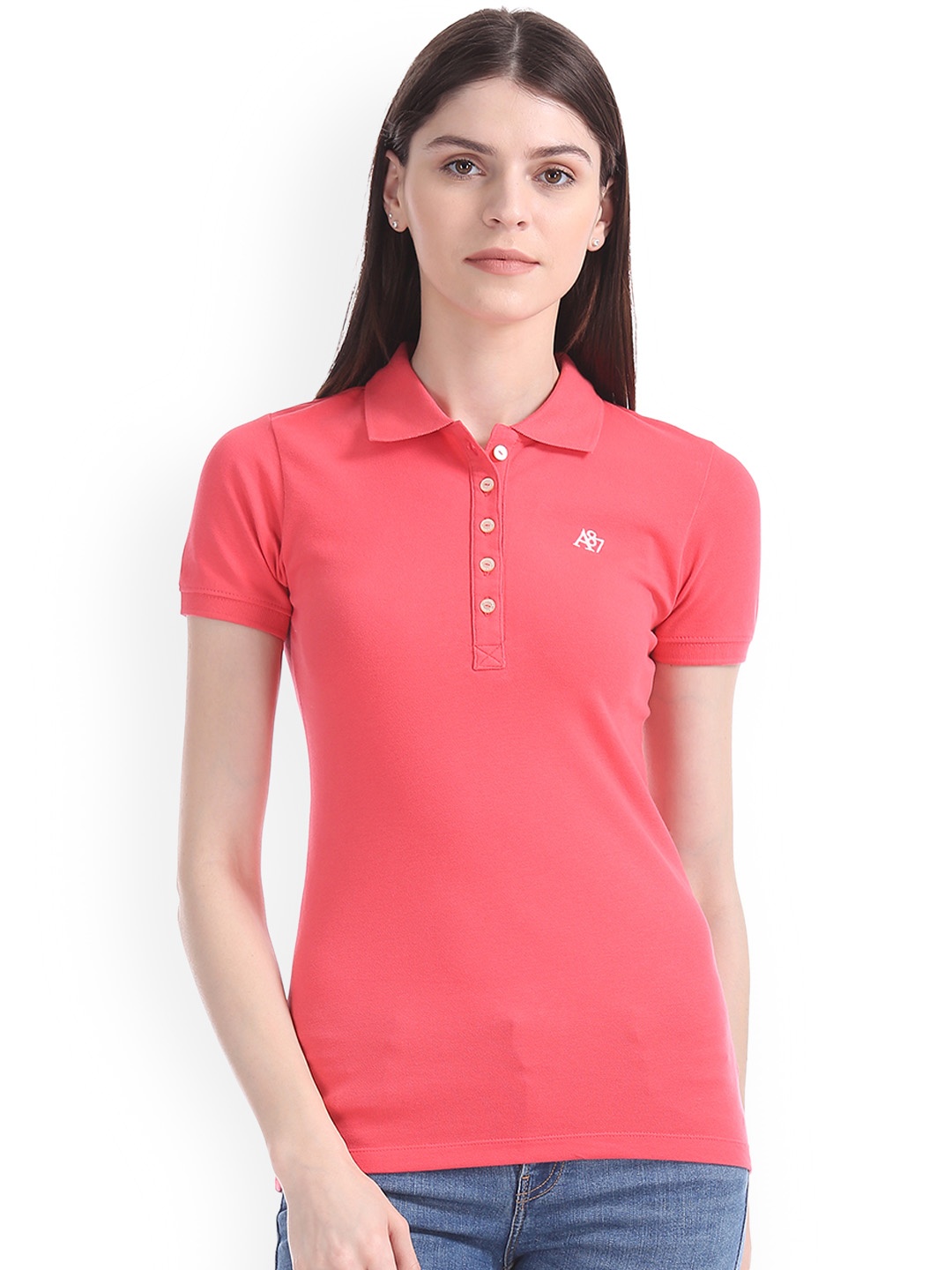 

Aeropostale Women Coral Red Solid Polo Collar T-shirt