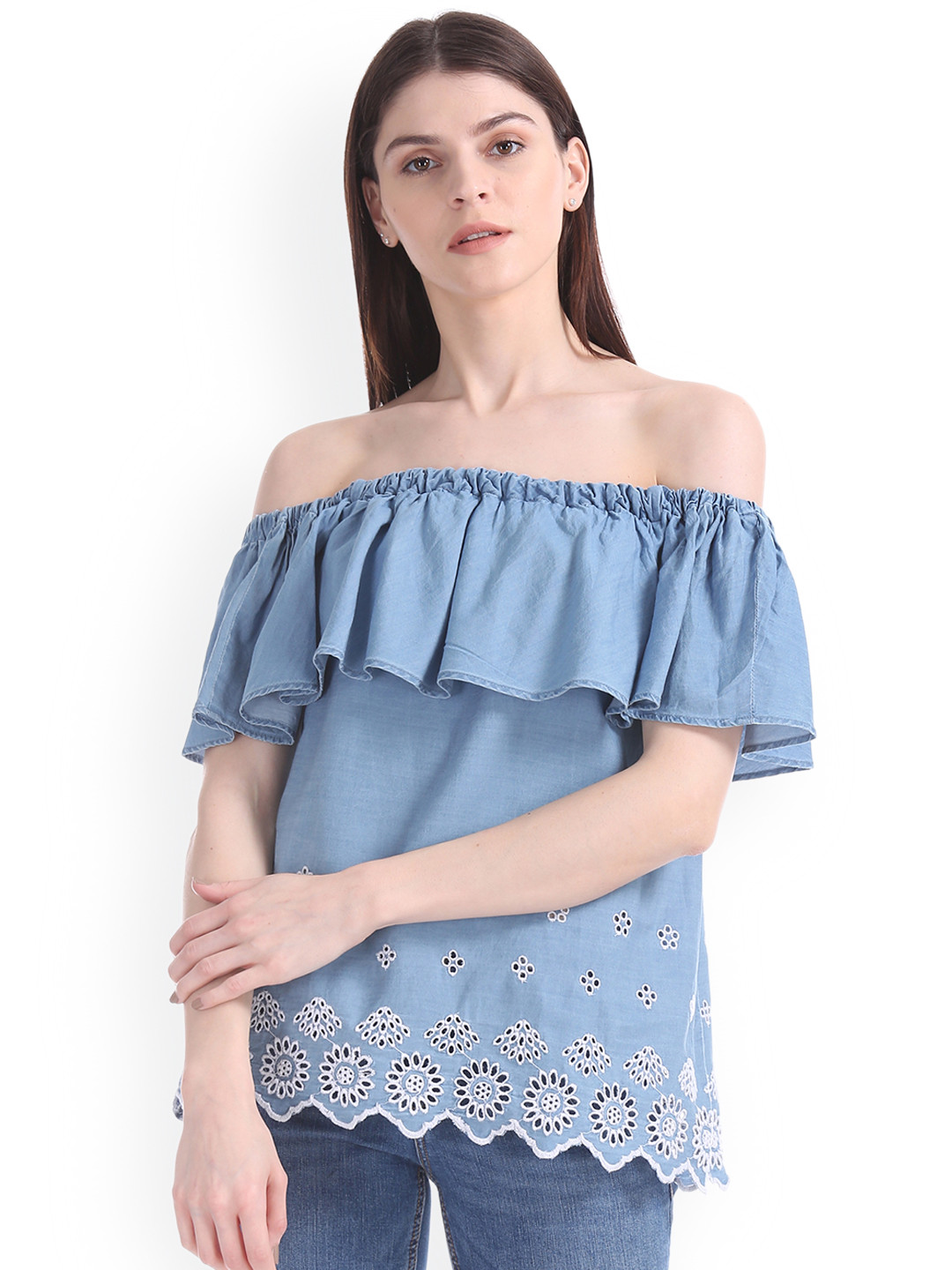 

Aeropostale Women Blue Schiffli Embroidered Bardot Pure Cotton Top