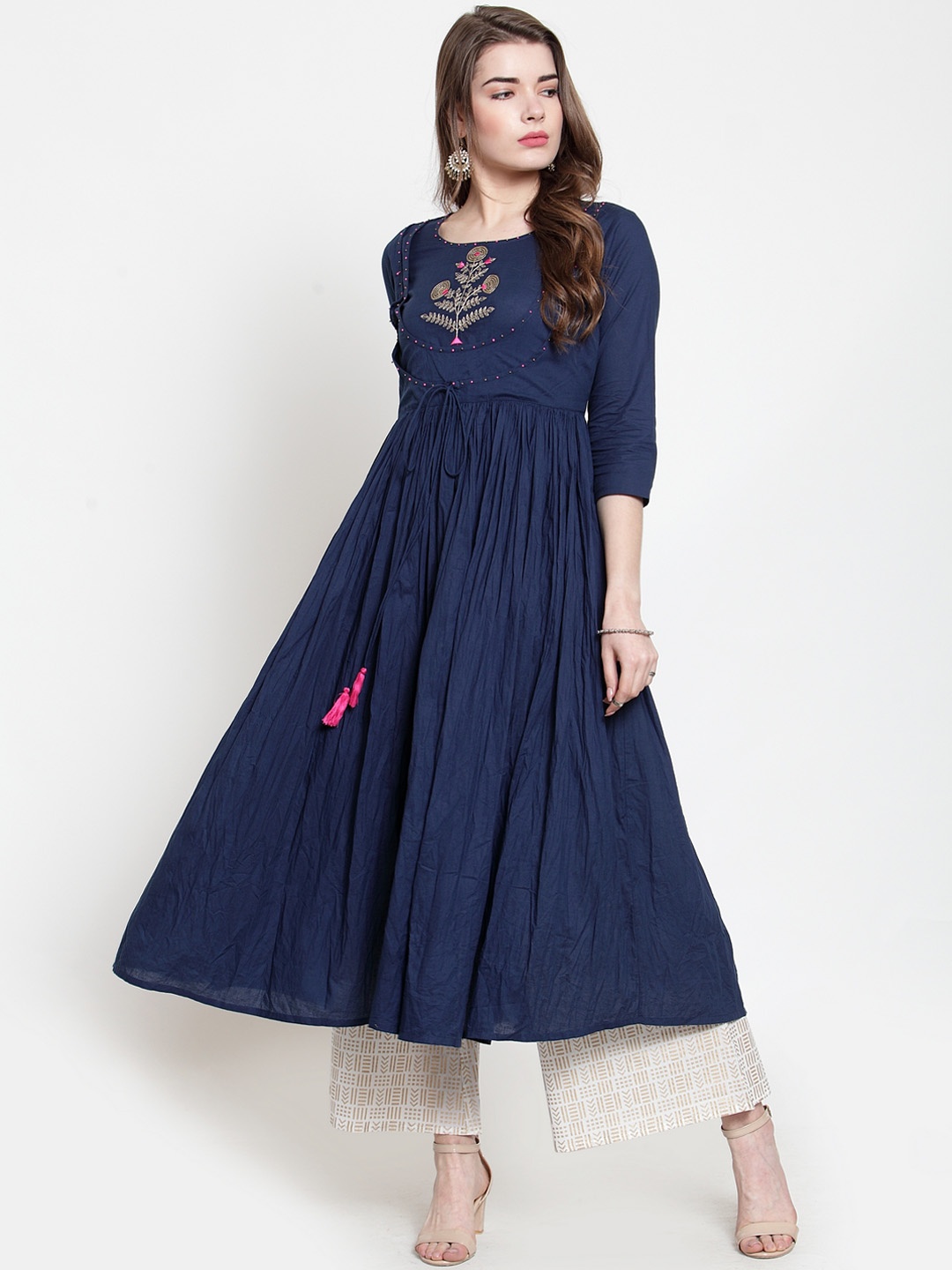 Varanga Women Navy Blue & White Embroidered Kurta with Palazzos
