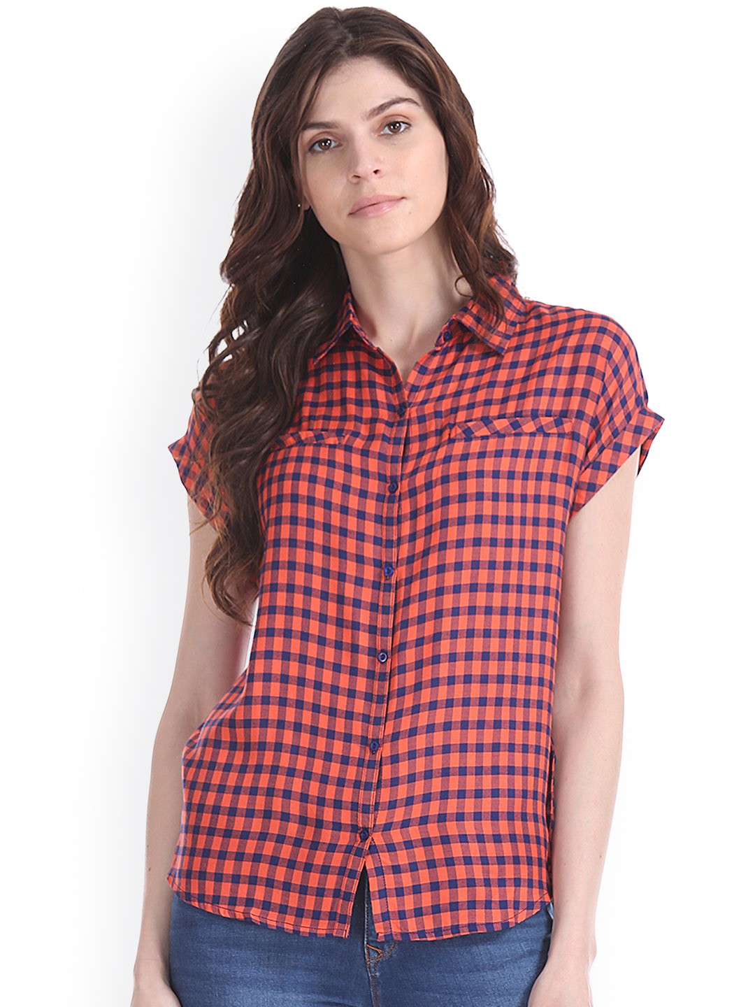 

Flying Machine Women Pink & Blue Regular Fit Checked Casual Shirt
