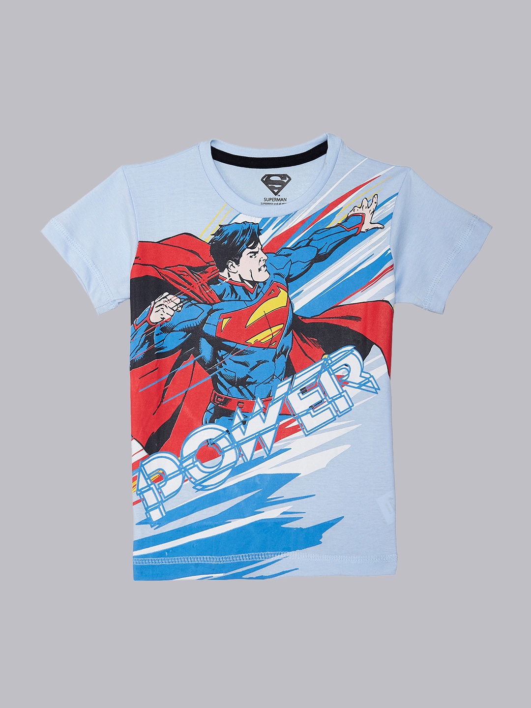 Kids Ville Boys Black Superman Printed Round Neck Pure Cotton T-shirt, Blue