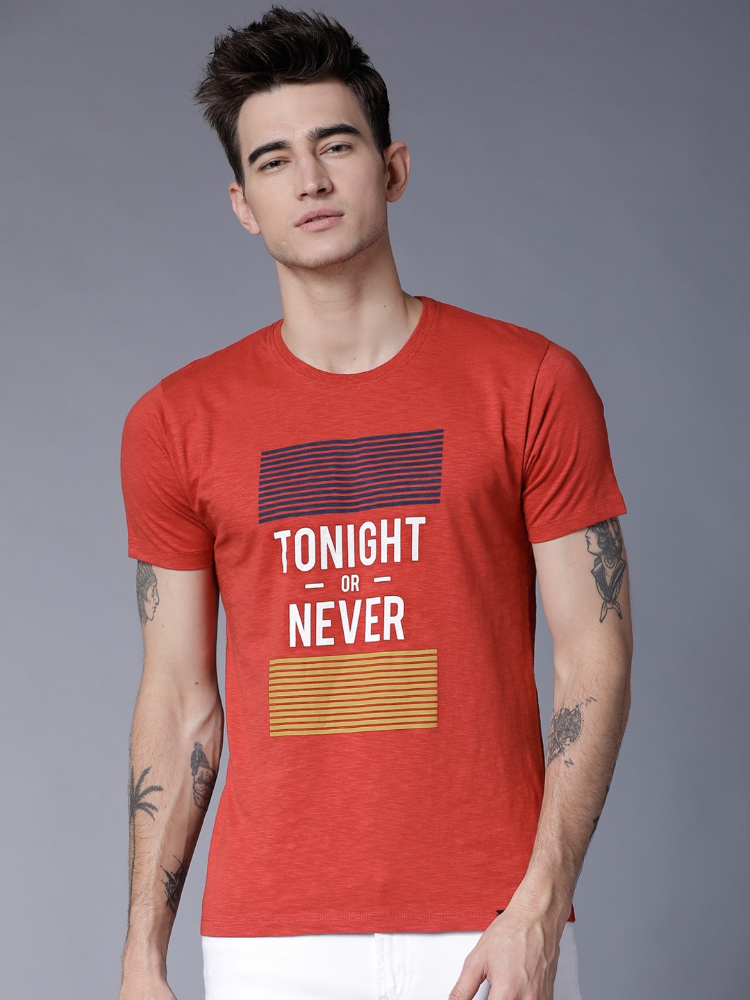 

LOCOMOTIVE Men Red Printed Round Neck T-shirt