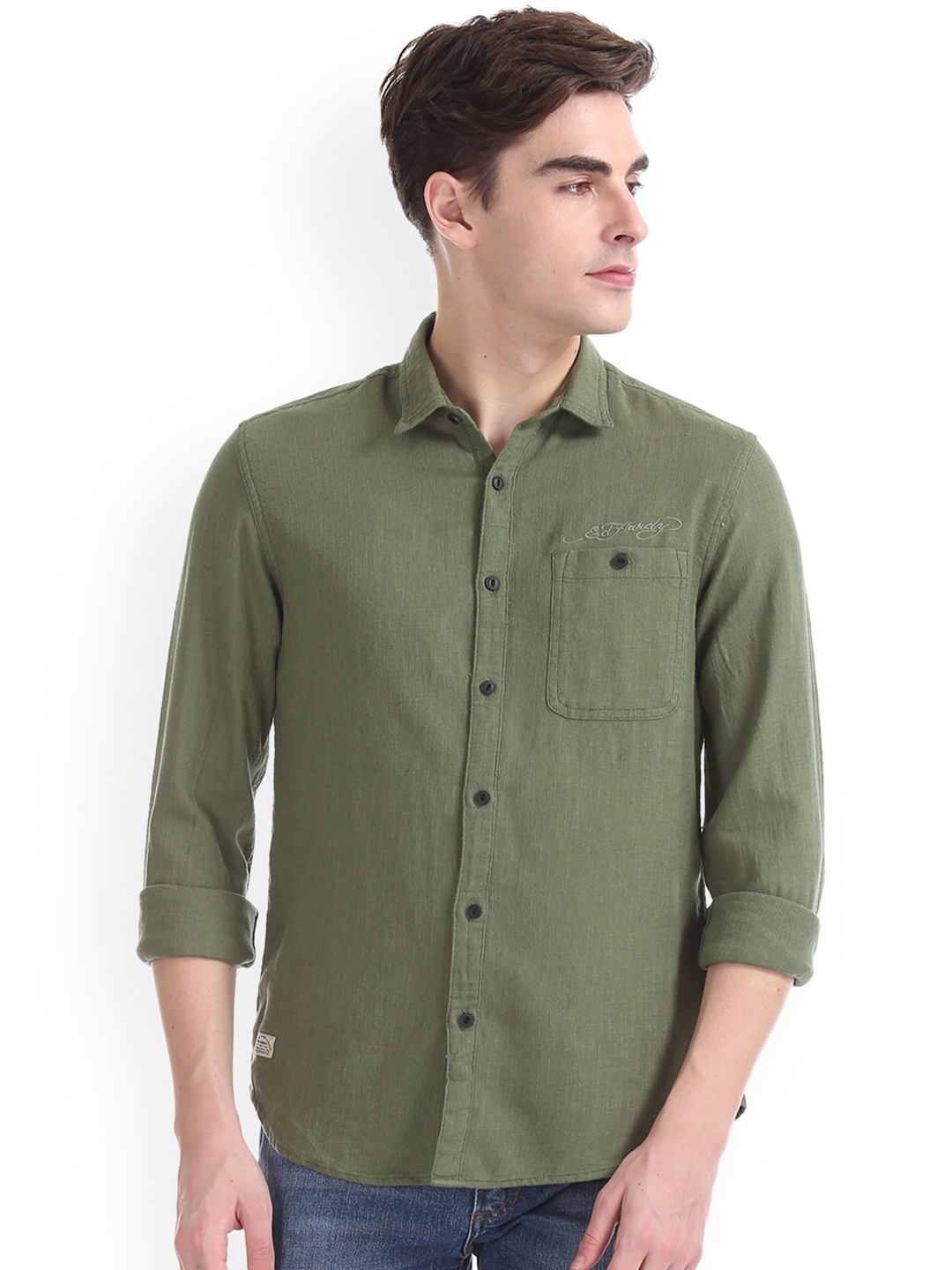 

Ed Hardy Men Olive Green Slim Fit Solid Casual Shirt