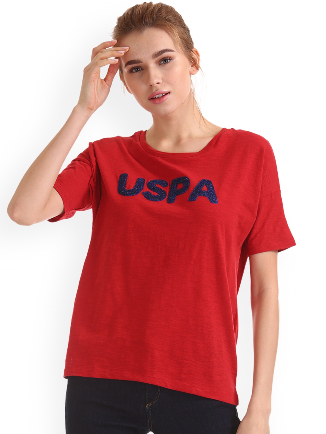 

U.S. Polo Assn. Women Red Solid Round Neck Pure Cotton T-shirt
