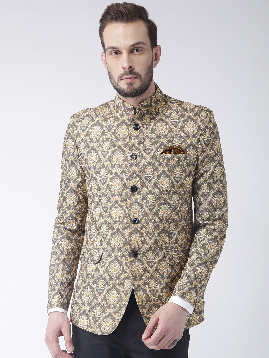

Hangup Men Beige Printed Regular-Fit Bandhgala Blazer