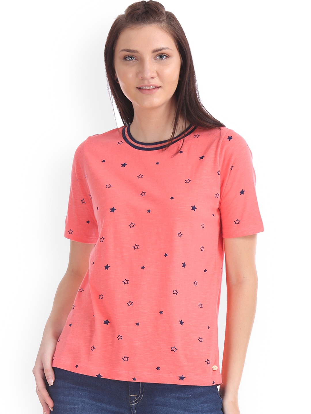 U.S. Polo Assn. Women Women Pink Printed Round Neck Pure Cotton T-shirt