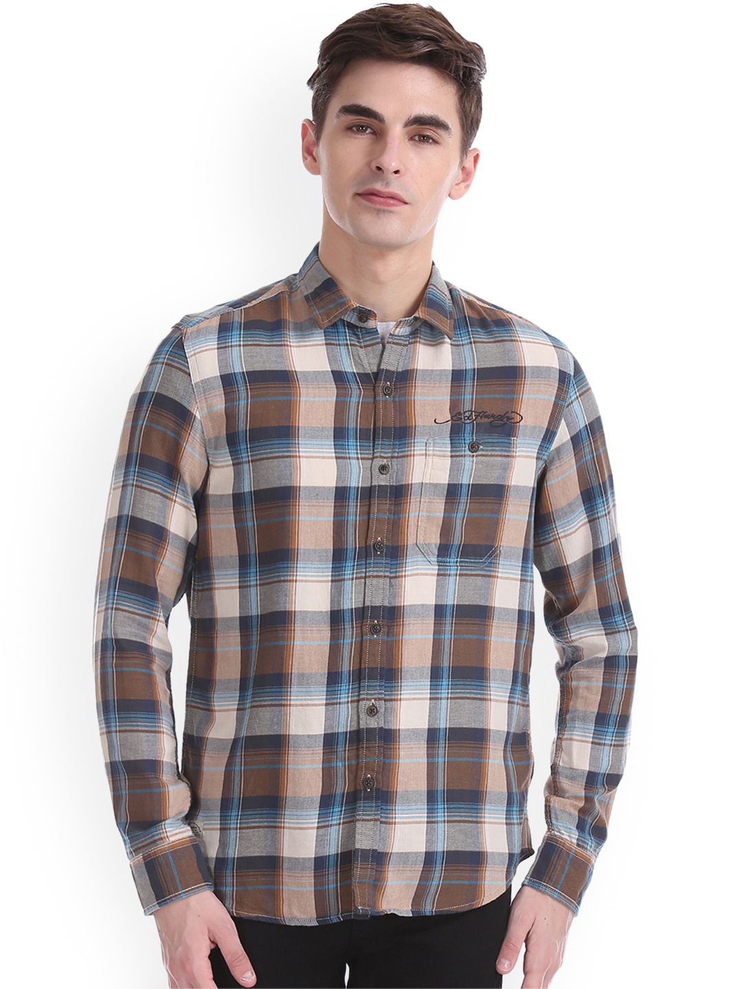 

Ed Hardy Men Brown & Blue Slim Fit Checked Casual Shirt