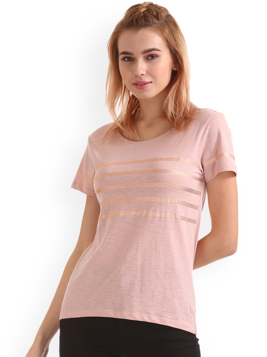 

Flying Machine Women Pink Striped Round Neck Pure Cotton T-shirt