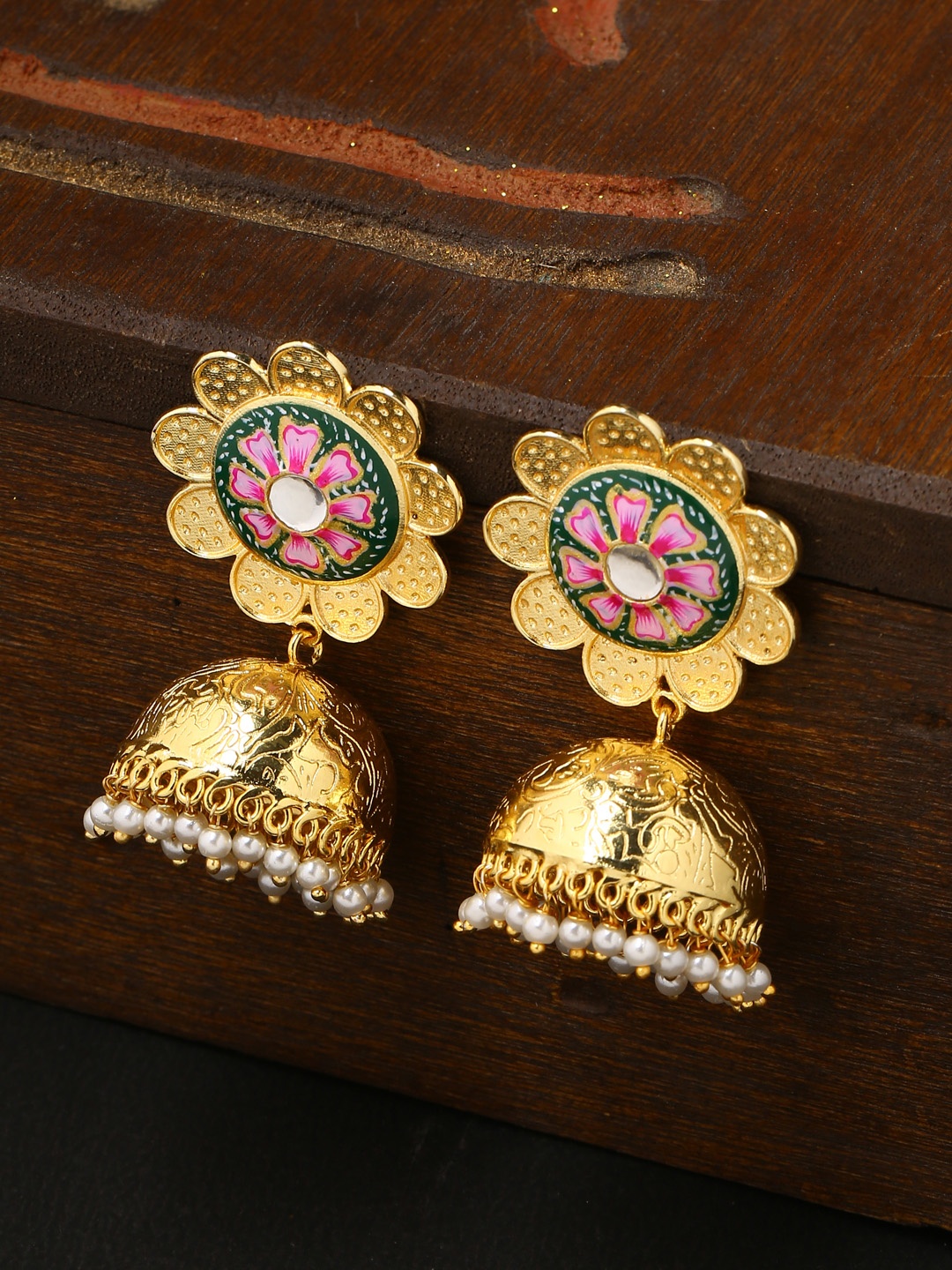 

Tistabene Gold-Toned & Green Floral Jhumkas