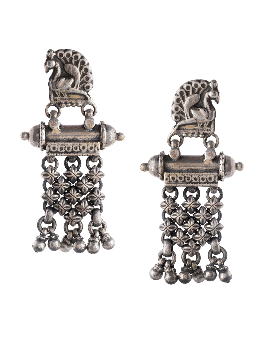 

Silvermerc Designs Silver-Plated Peacock Shaped Drop Earrings