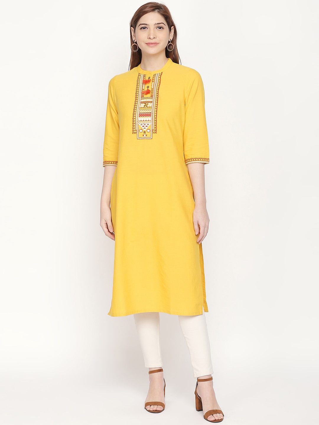 

RANGMANCH BY PANTALOONS Women Yellow Solid Straight Kurta