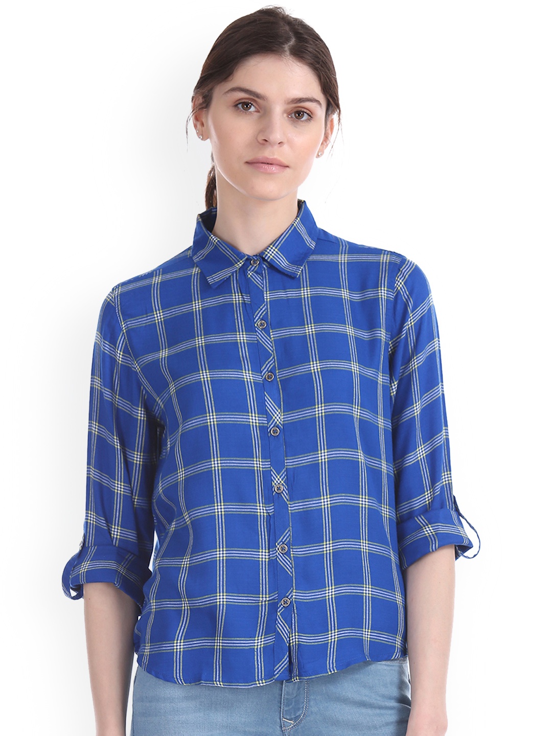 

Flying Machine Women Blue Regular Fit Checked Casual Shirt
