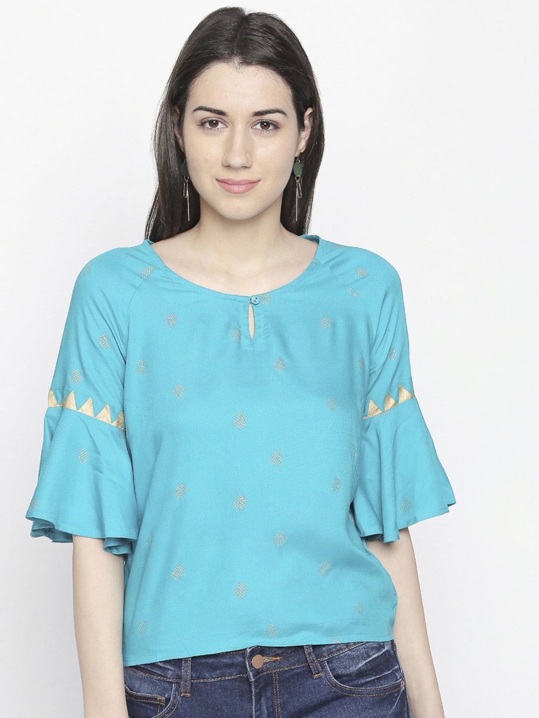 

AKKRITI BY PANTALOONS Women Teal Blue Printed Top