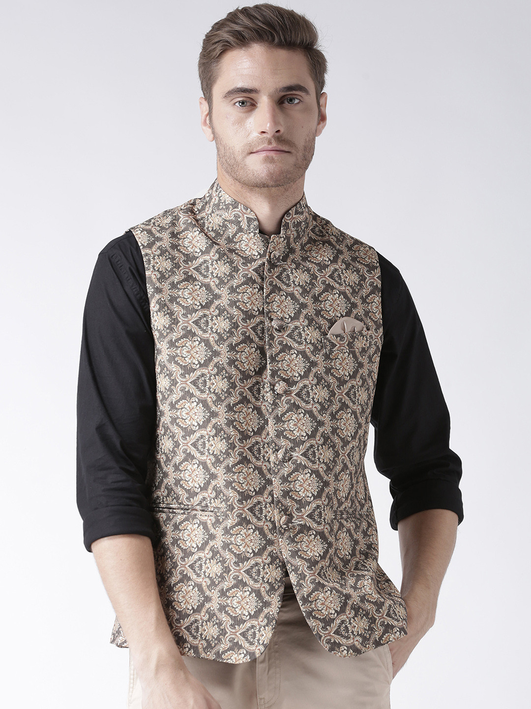 

Hangup Men Beige & Grey Printed Nehru Jacket