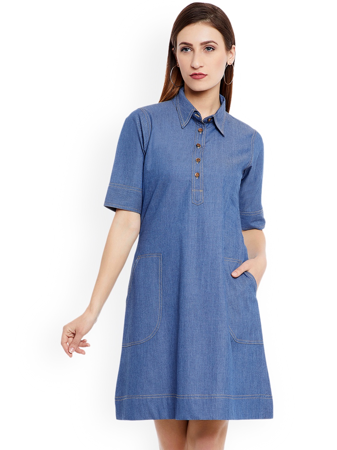 

Imfashini Women Blue Solid Shirt Dress