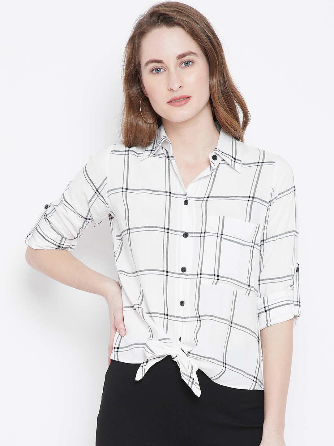 

Berrylush Women White & Black Checked Shirt Style Pure Cotton Top