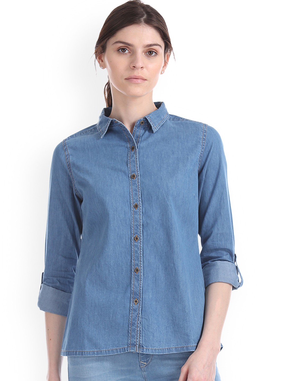 

Flying Machine Women Blue Regular Fit Solid Denim Casual Shirt
