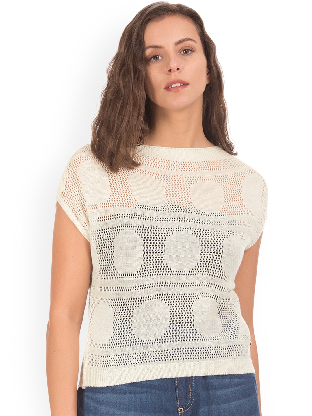 

Flying Machine Women Off-White Self Design Top