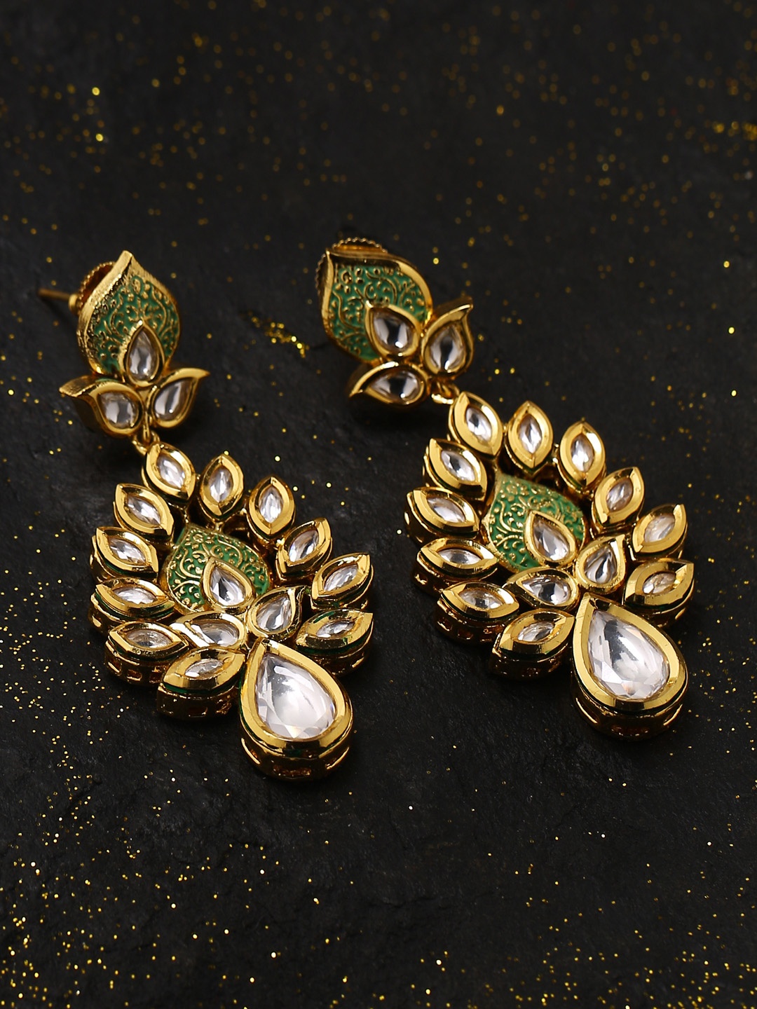 

Tistabene Gold-Toned & Green Floral Drop Earrings