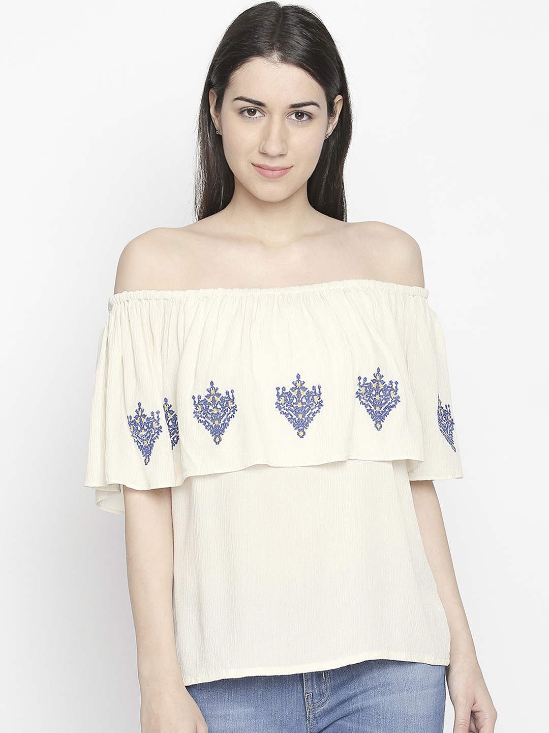 

AKKRITI BY PANTALOONS Women Cream-Coloured Self Design Bardot Top