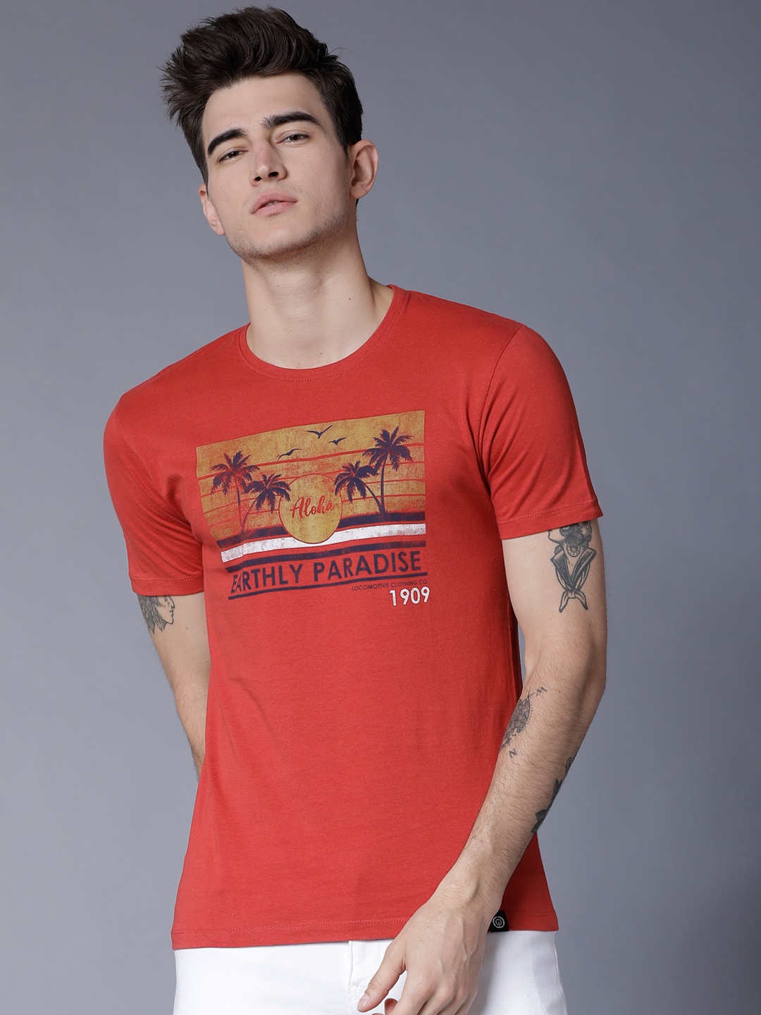 LOCOMOTIVE Men Red Printed Round Neck T-shirt