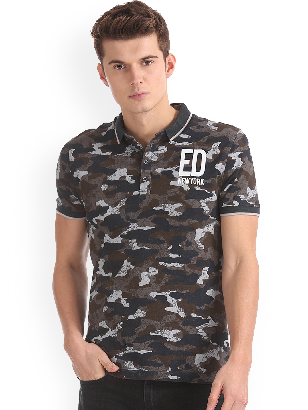 

Ed Hardy Men Multicoloured Printed Polo Collar Pure Cotton T-shirt, Multi