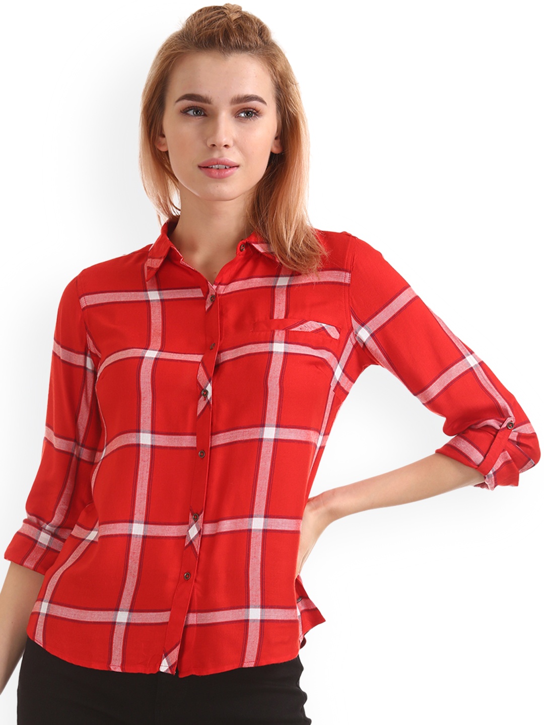 

Flying Machine Women Red & White Regular Fit Checked Casual Shirt