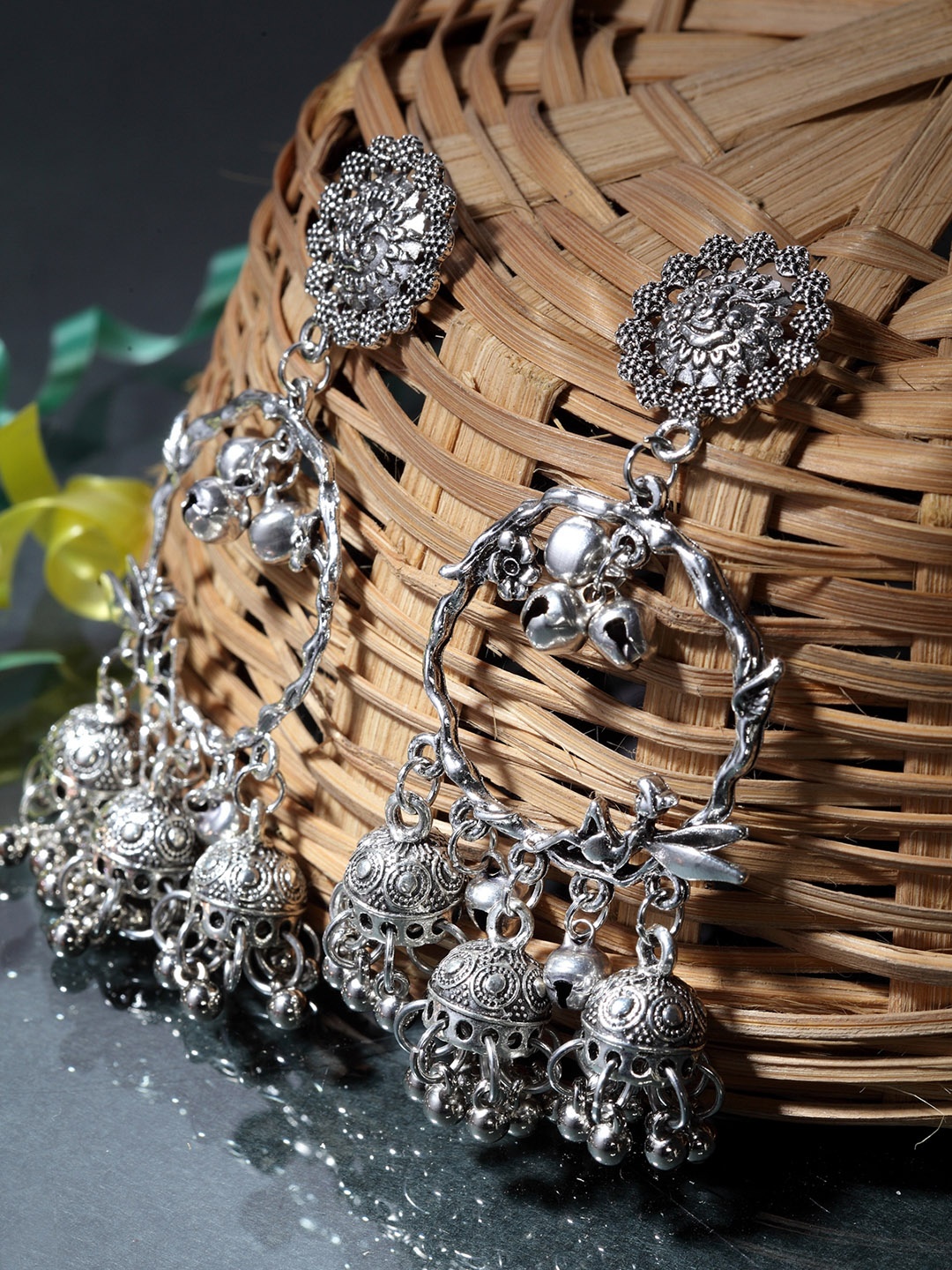 Moedbuille Silver-Plated Oxidised Circular Jhumkas