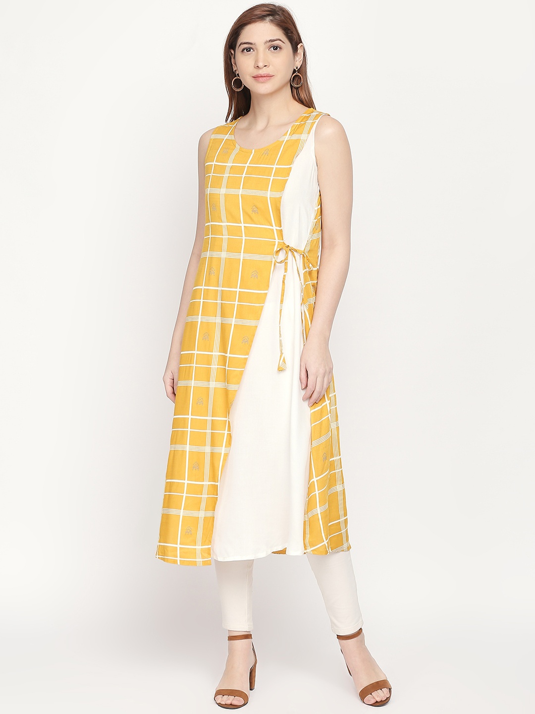 

RANGMANCH BY PANTALOONS Women Yellow Checked A-Line Kurta