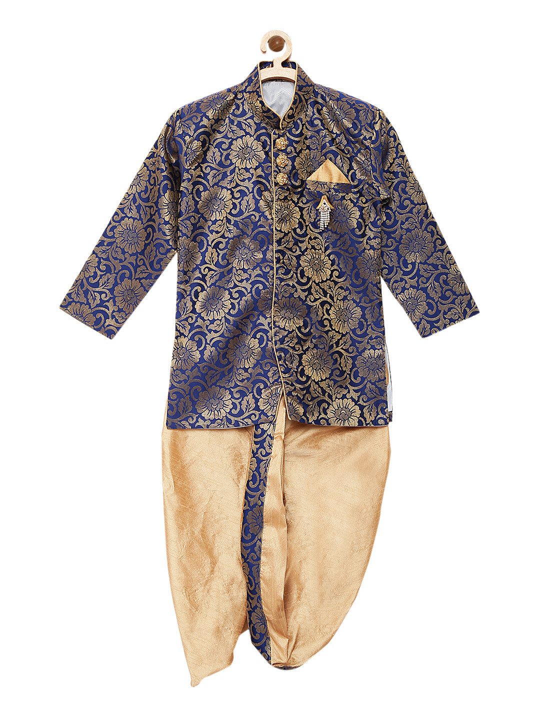 

Kidling Boys Navy-Blue & Gold-Coloured Sherwani with Dhoti