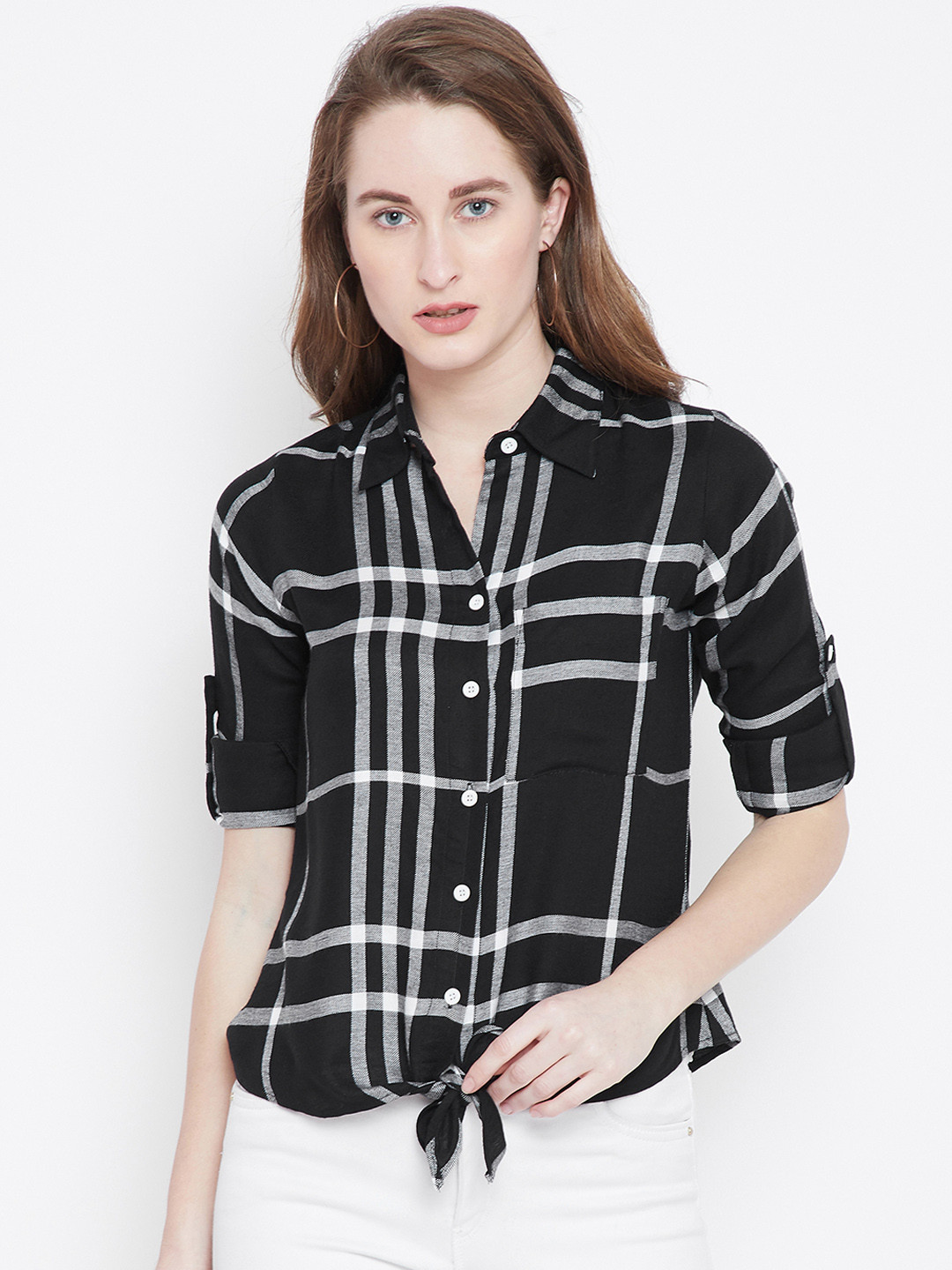 

Berrylush Women Black Checked Shirt Style Pure Cotton Top