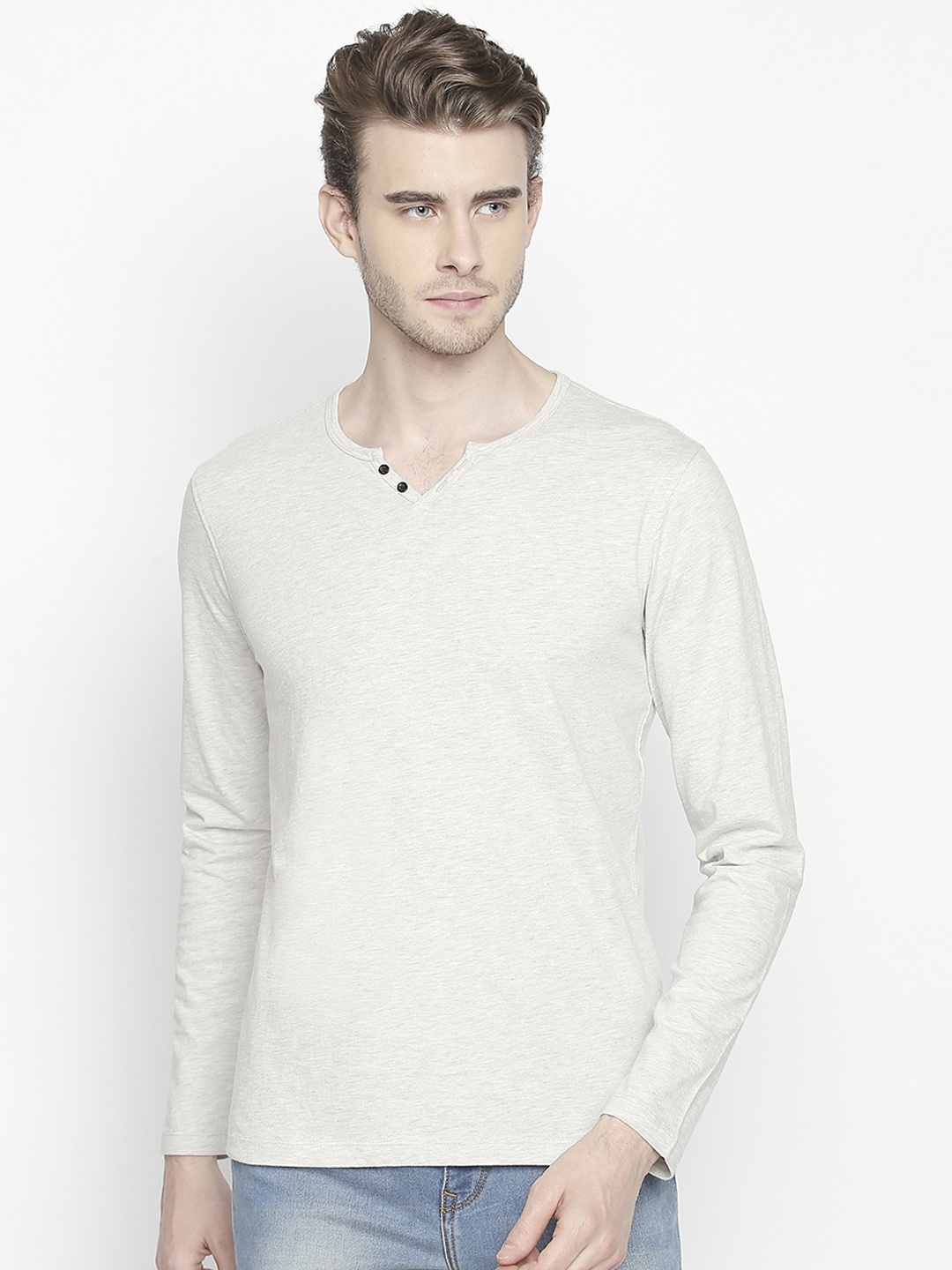 

Urban Ranger by pantaloons Men Grey Solid Henley Neck Pure Cotton T-shirt