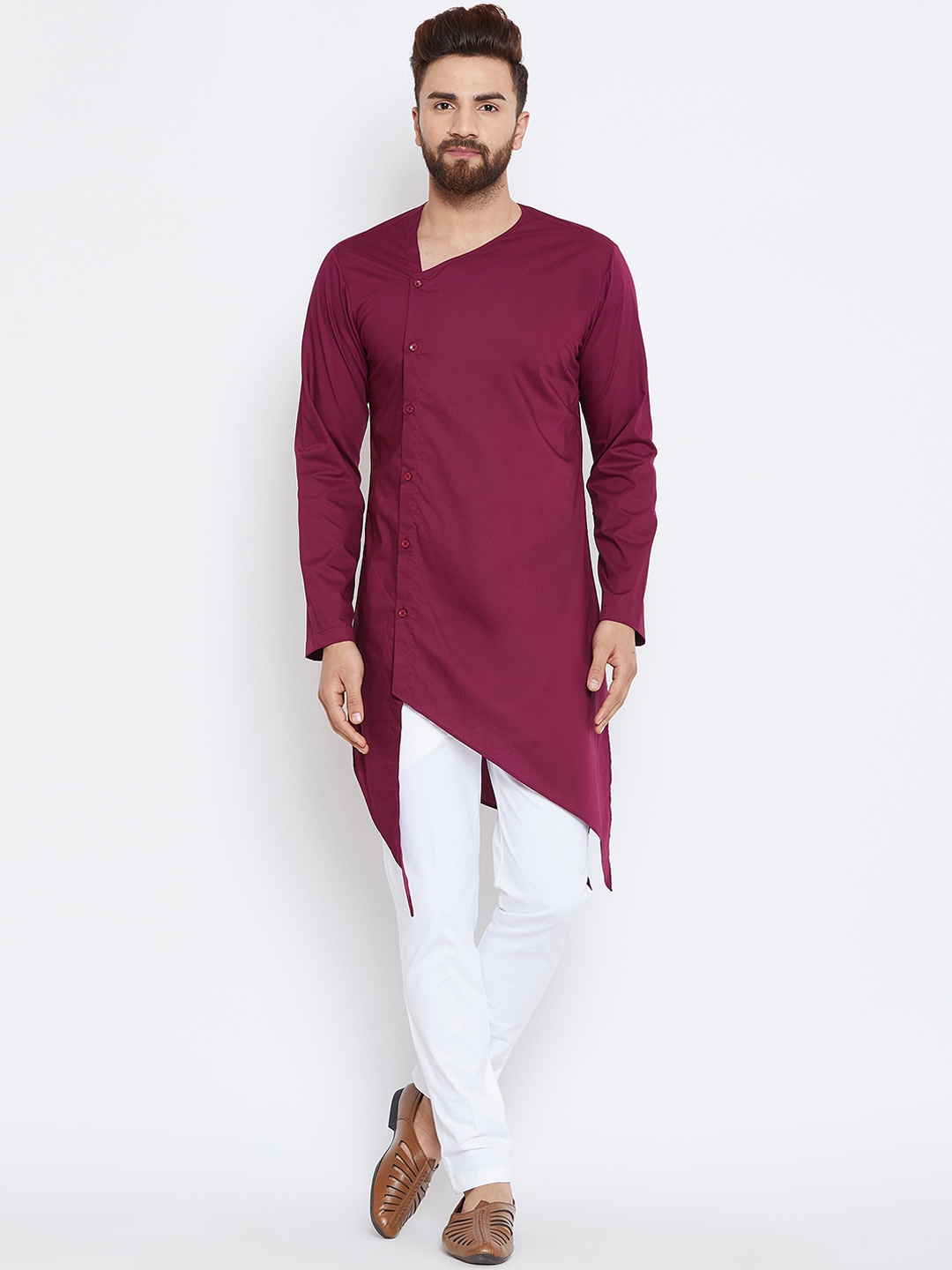 

See Designs Men Burgundy & White Solid Kurta with Trousers