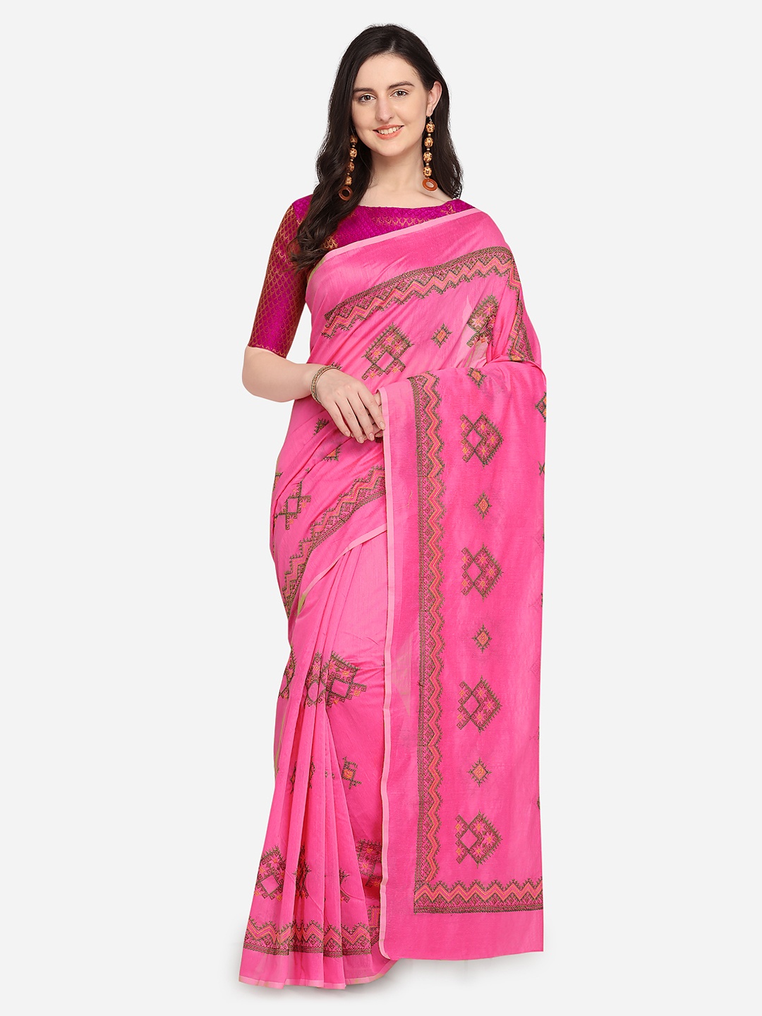 

Kvsfab Pink Embroidered Saree