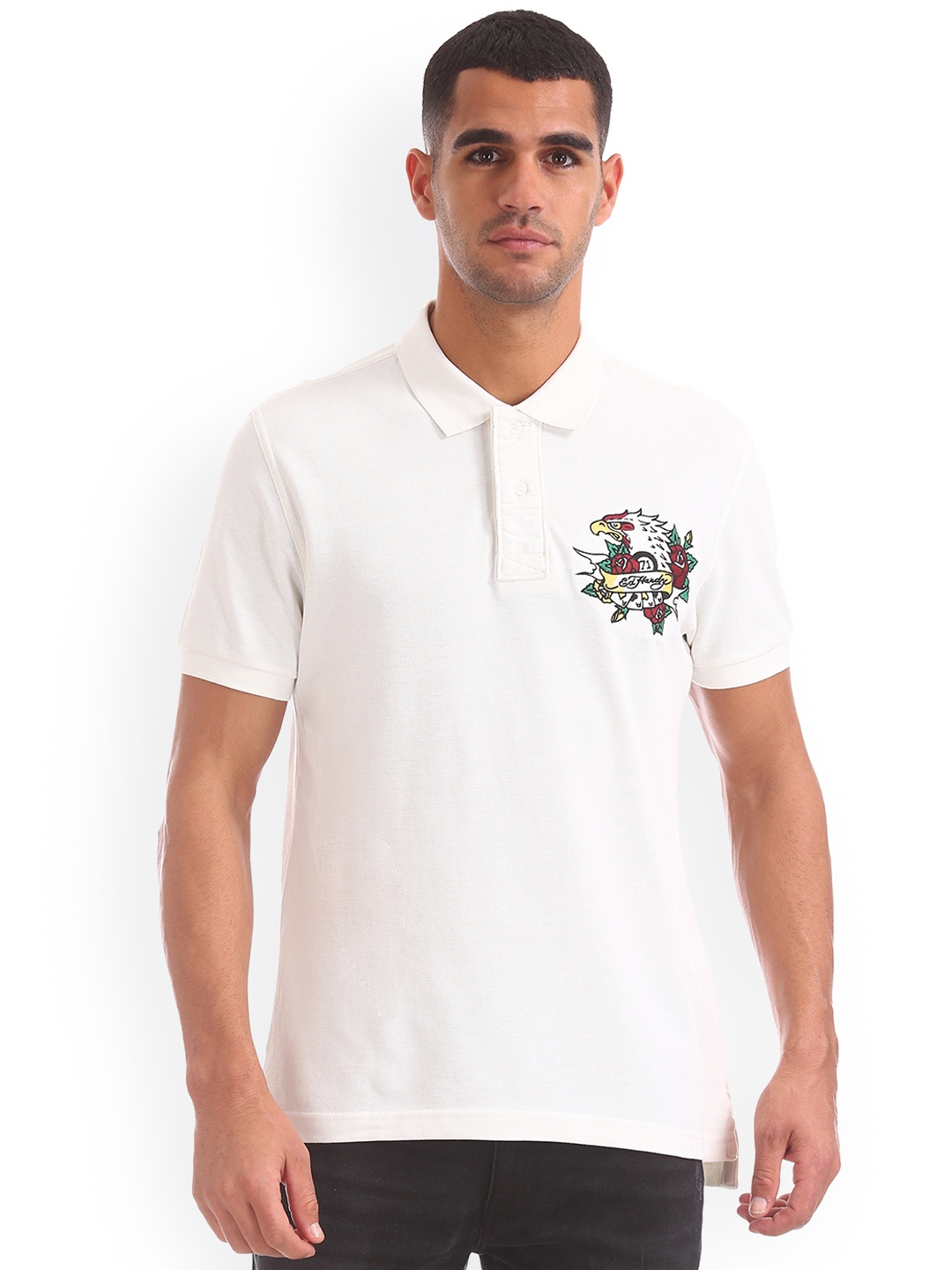

Ed Hardy Men White Printed Slim Fit Polo Collar Pure Cotton T-shirt