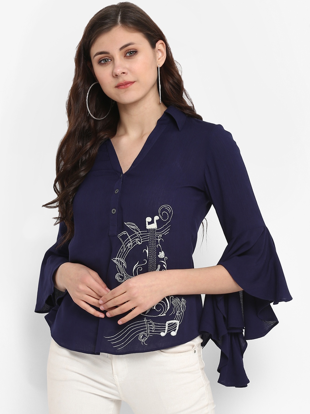 

Taurus Women Navy Blue Embroidered Shirt Style Top