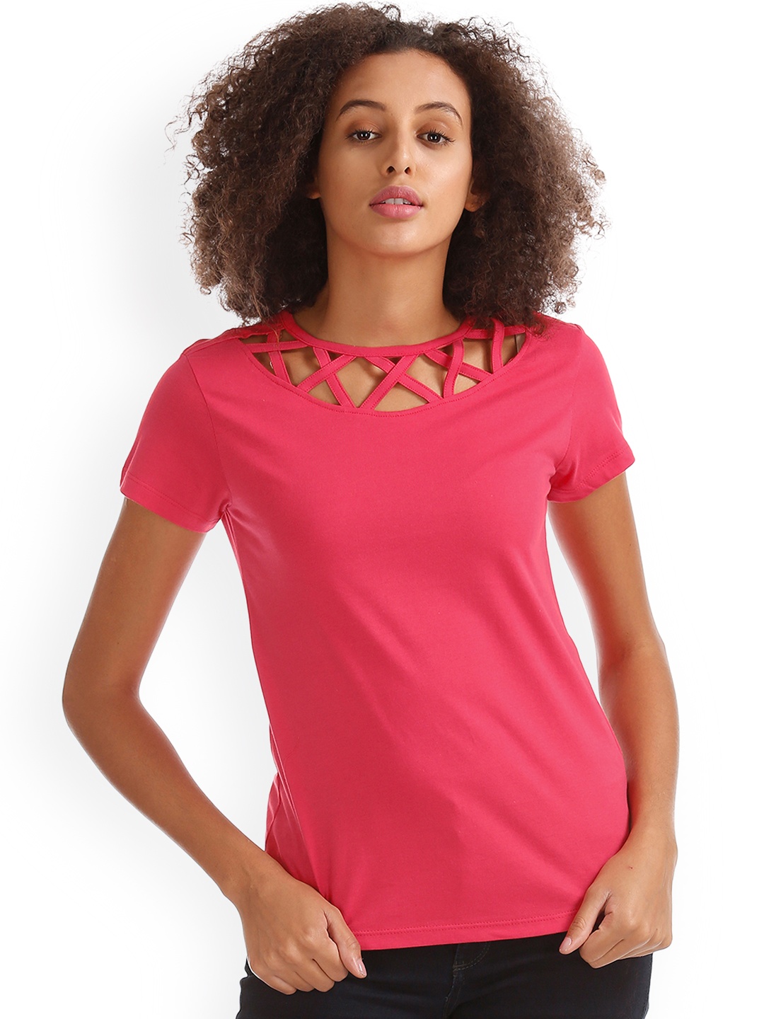 Flying Machine Women Pink Solid Pure Cotton Top