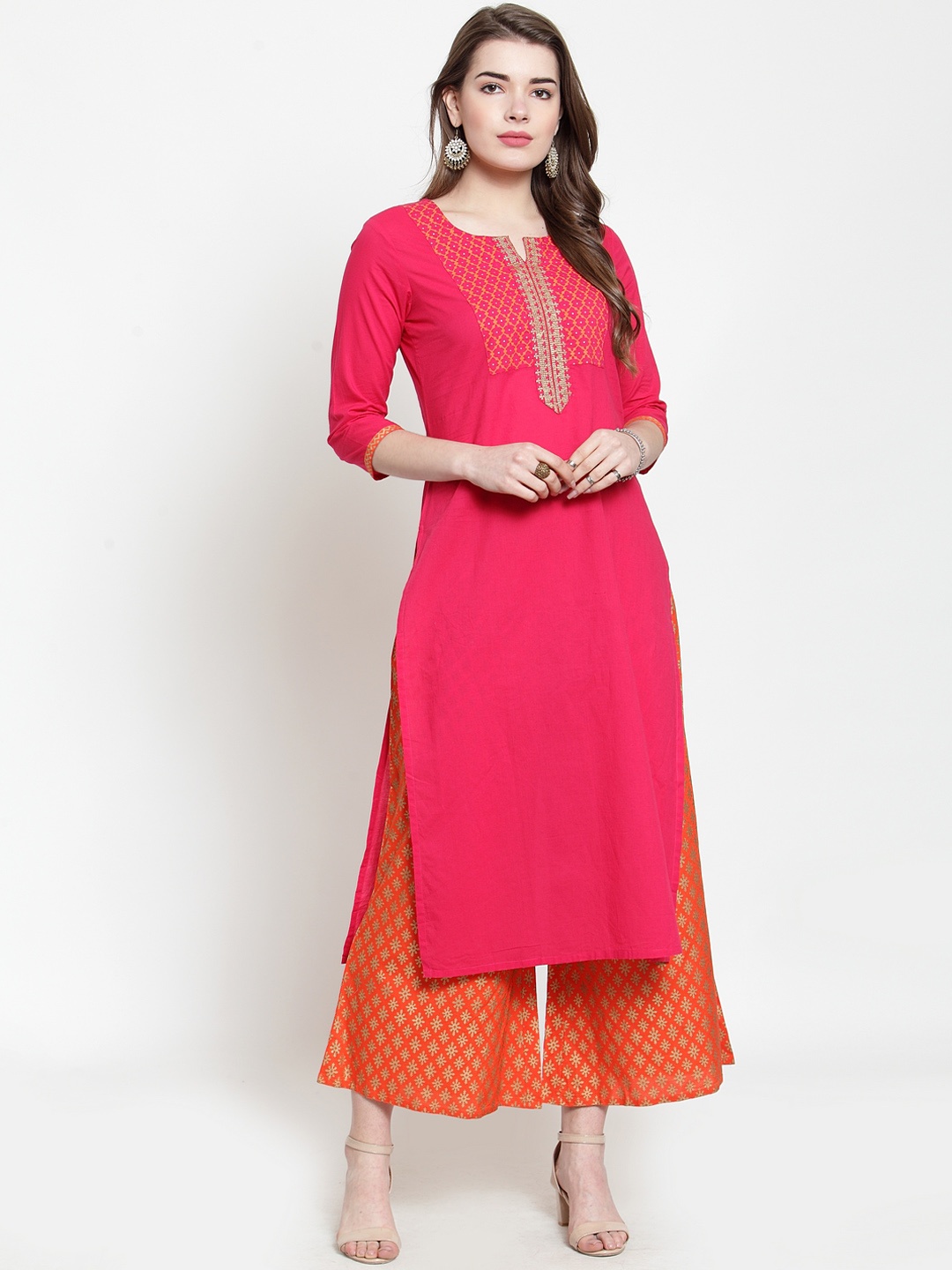 

Varanga Women Fuchsia & Orange Embroidered Kurta with Palazzos