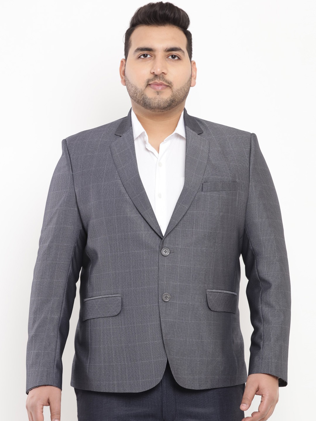 

John Pride Plus Size Men Grey Checked Single Breasted Formal Blazer