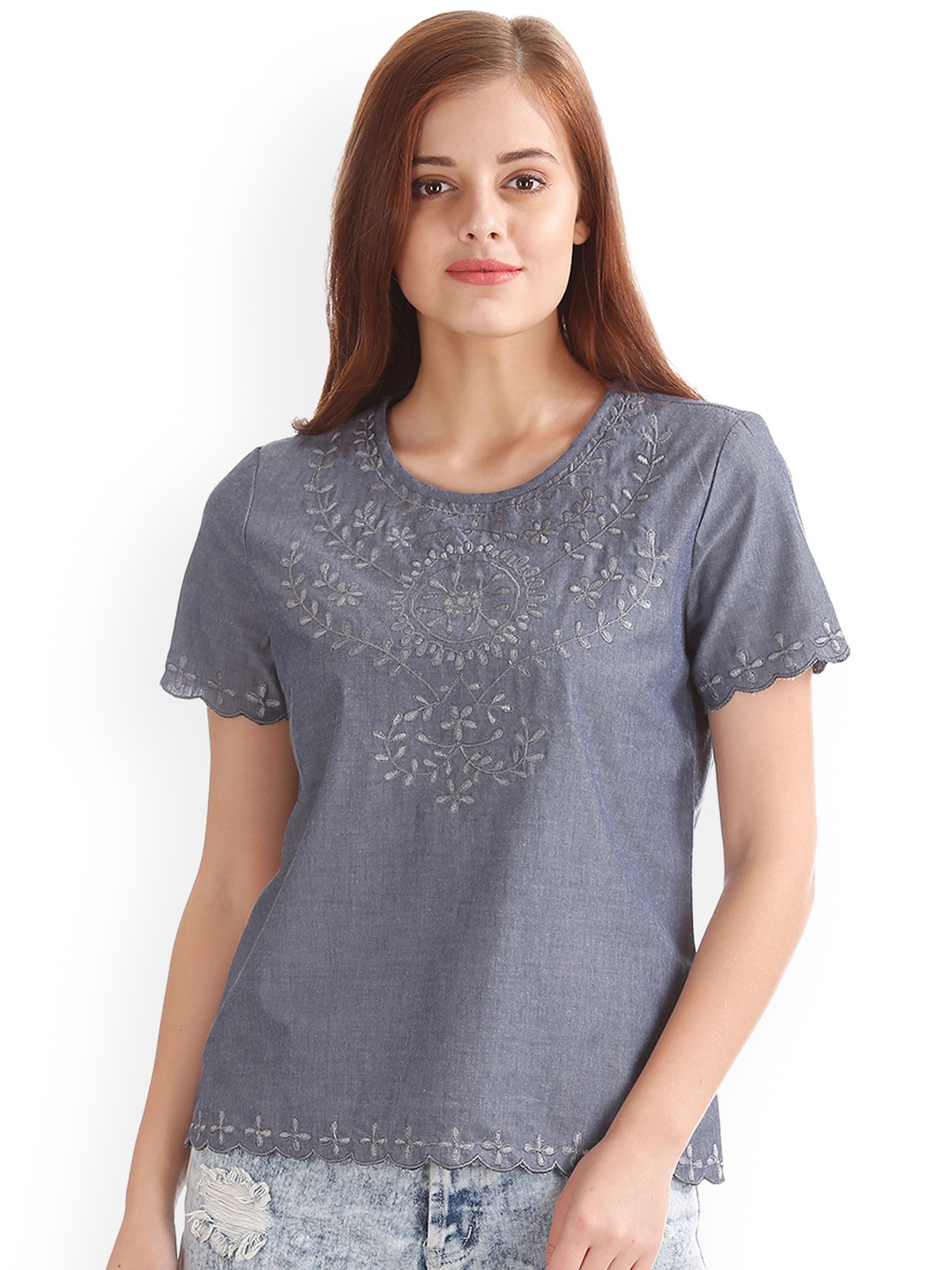 

Flying Machine Women Blue Embroidered Chambray Pure Cotton Top