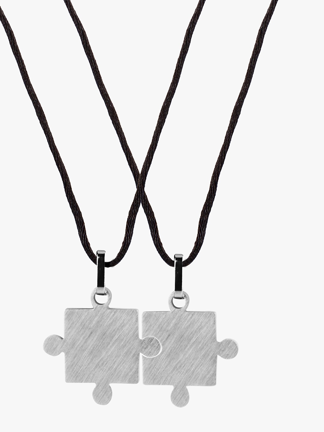 

Peora Set of 2 Silver-Toned & Black Stainless Steel Puzzle-Shaped Couple Pendants With Chain
