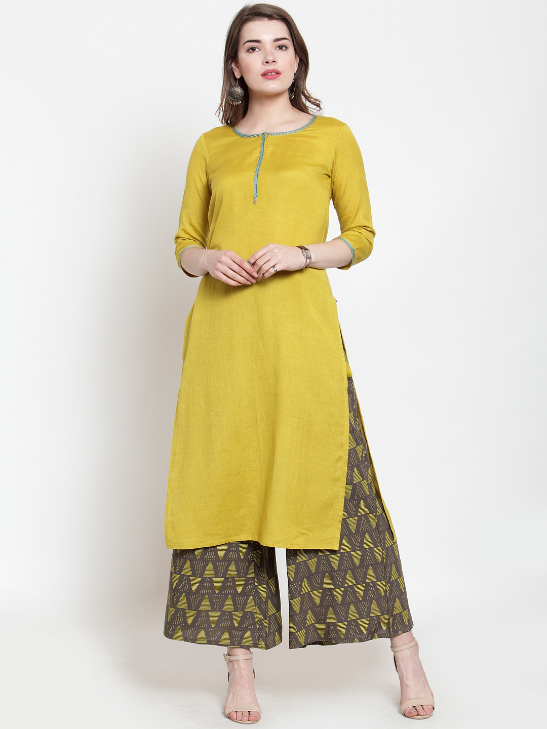 

Varanga Women Lime Green & Brown Solid Kurta with Palazzos