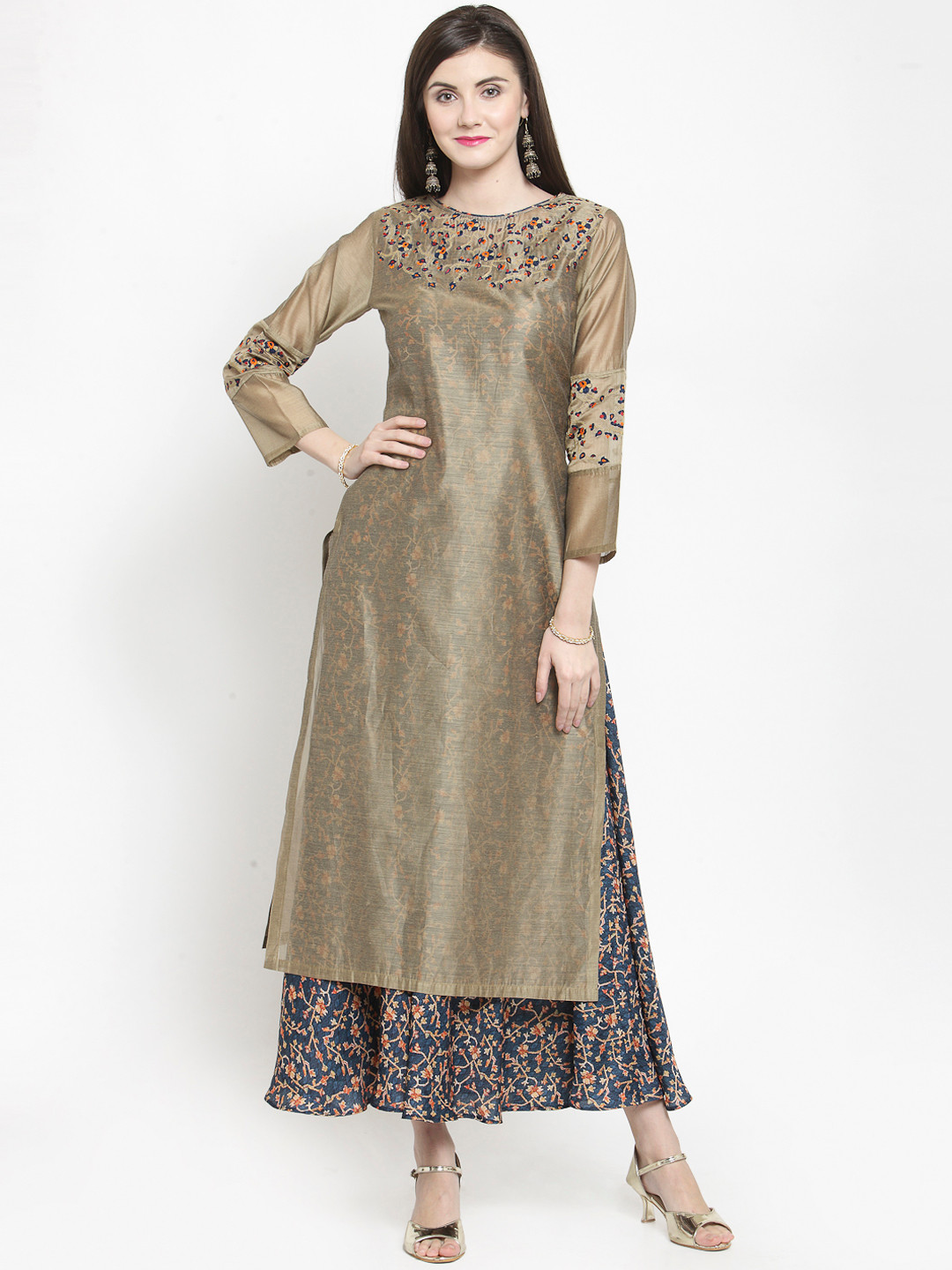 

Shaily Women Beige & Blue Embroidered Layered Ethnic Maxi Dress