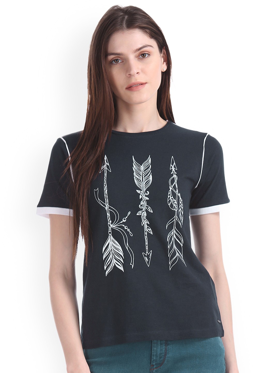 

Flying Machine Women Navy Blue Printed Round Neck Pure Cotton T-shirt