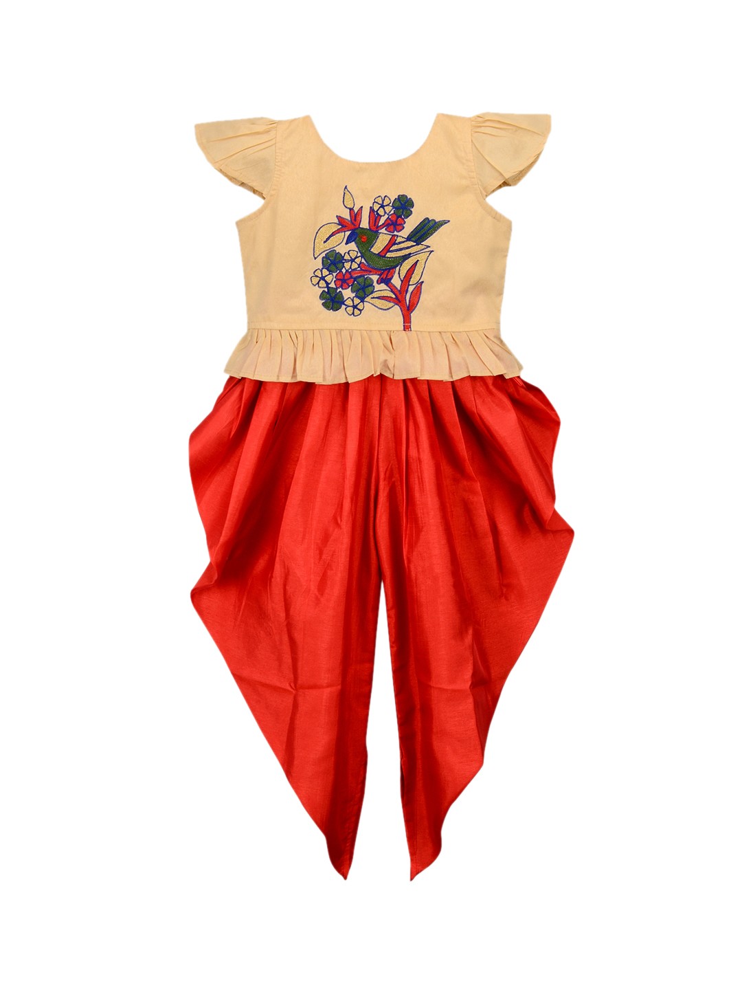 

KID1 Girls Cream-Coloured & Red Embroidered Kurti with Dhoti Pants